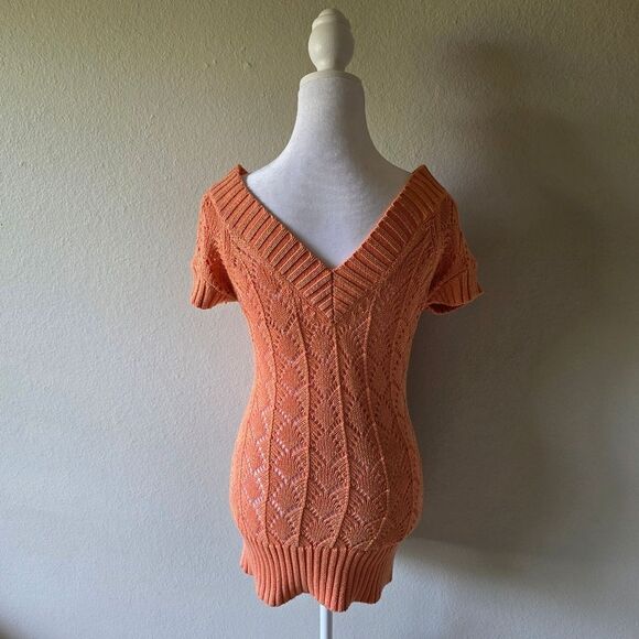 Cache Orange And Gold Metallic Thread Knit Crochet Tunic Medium - Picture 2 of 6